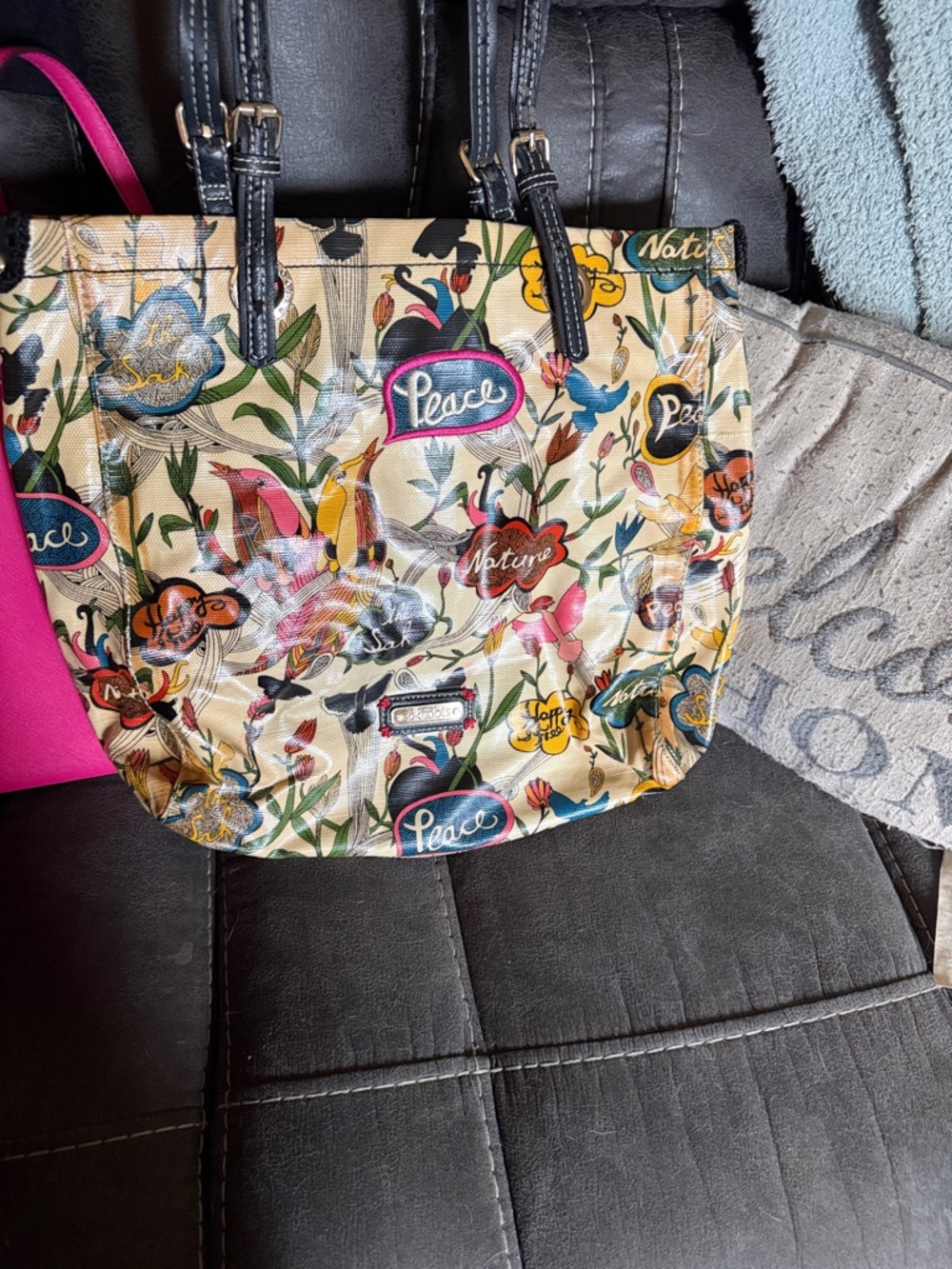 Sakroots Cream Floral Peace Tote with Black Handles and Colorful Accents